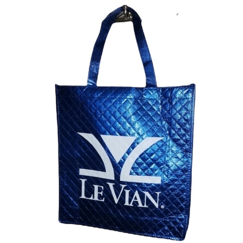 LeVian Reusable Quilted Tote Shopping Bag Metallic Blue (w/ Blue Handle Straps)